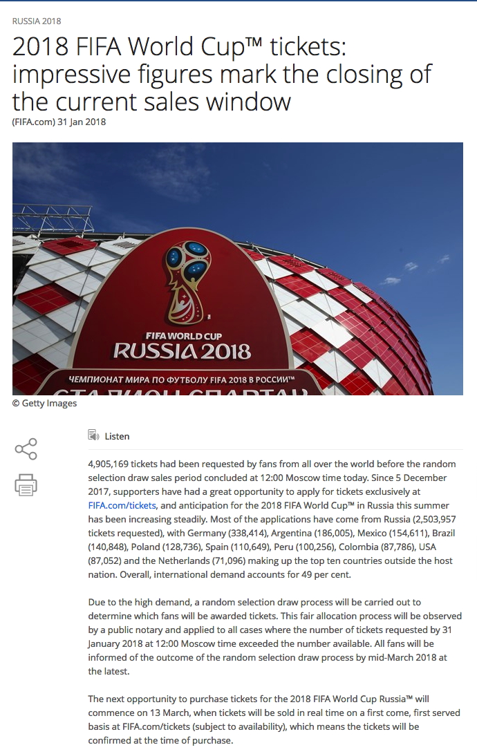 Page Internet. 2018 FIFA World Cup™ tickets. Impressive figures mark the closing of the current sales window. 2018-06-14